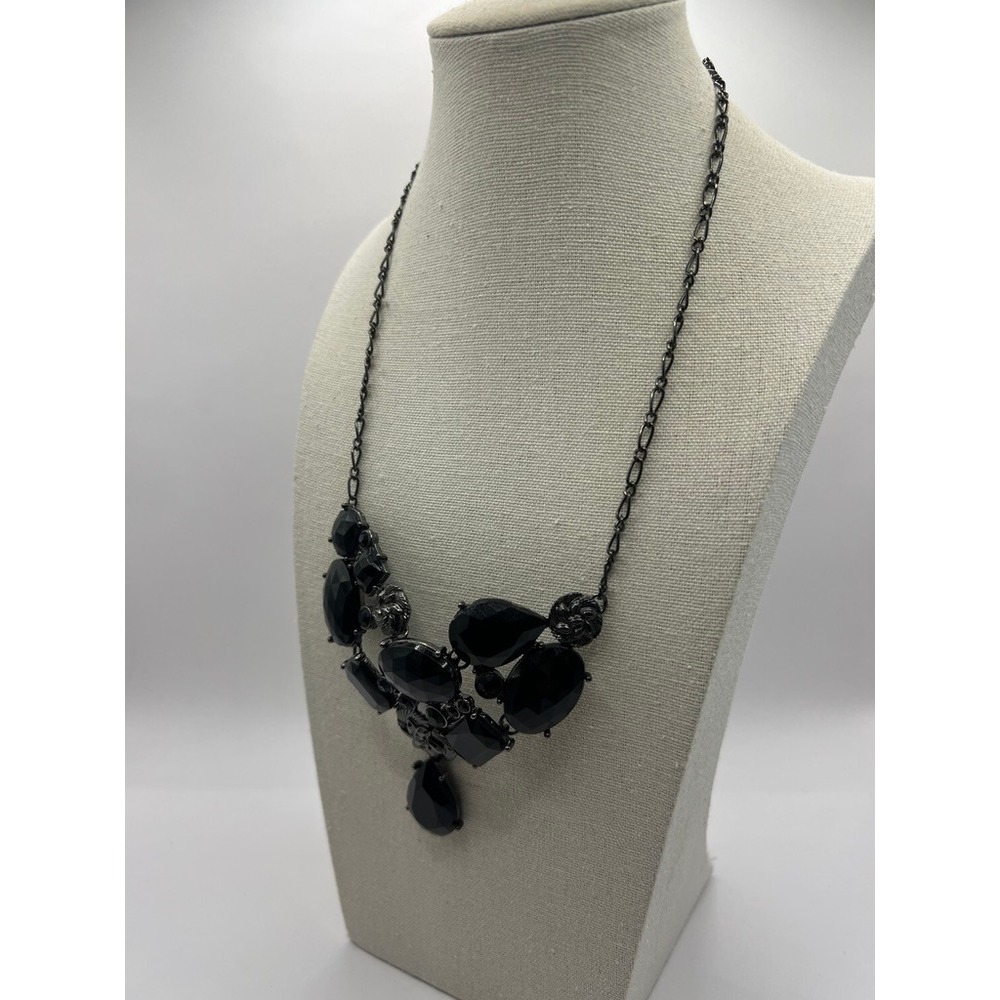 Avon Statement Necklace Black Gunmetal Bib Floral Crystal Goth Glam Dark Moody